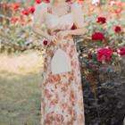 Short-sleeve Floral Midi A-line Dress / Strappy Dress