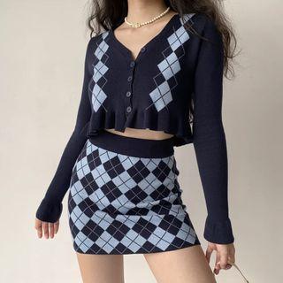Set: Argyle Print Ruffled Cardigan + Pencil Skirt