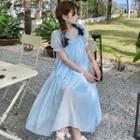 Set: Puff-sleeve Frill Trim Maxi A-line Dress + Slipdress Set Of 2 - Aqua Blue - One Size