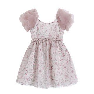 Puff-sleeve Mesh Panel Floral Mini A-line Dress