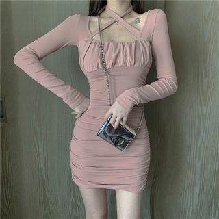 Long-sleeve Cross-strap Plain Dress
