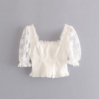 Ruffled Mesh Panel Short-sleeve Cropped Top