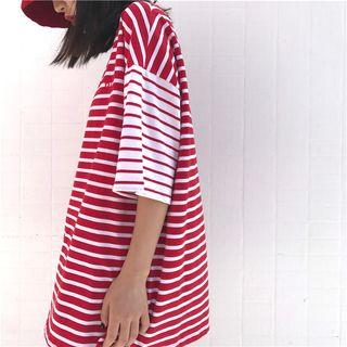 Striped Loose-fit Short-sleeve Long Top