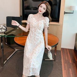 Short Sleeve Drawstring-front Floral Chiffon Midi Dress