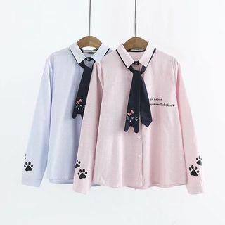 Cat Embroidered Shirt With Neck Tie