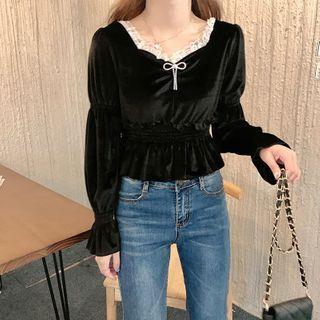 Lace Trim Square Neck Velvet Cropped Top