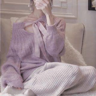 Set: Ribbon Lace-up Sweater + Knit Wide-leg Pants