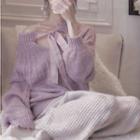 Set: Ribbon Lace-up Sweater + Knit Wide-leg Pants