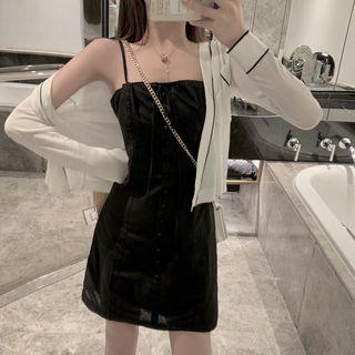 Contrast Trim Knit Cardigan / Spaghetti-strap Tie Neck Plain Dress