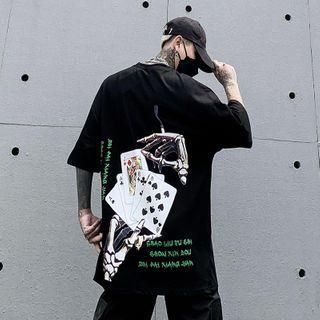 Lettering Poker Print Elbow-sleeve T-shirt