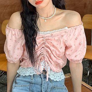 Lace Trim Drawstring Floral Cropped Blouse