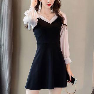 Long-sleeve Two-tone Mini A-line Dress