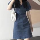 Puff-sleeve Washed A-line Denim Dress