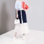 Color Panel Shirt Lace Trim Short-sleeve Dress