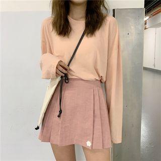 Long Sleeve Plain T-shirt / Pleated Mini A-line Skirt