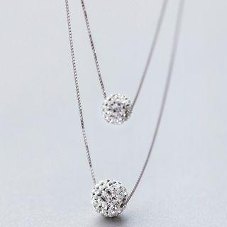 925 Sterling Silver Rhinestone Ball Layered Necklace S925 Silver - Necklace - Silver - One Size