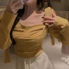 Puff-sleeve Bow T-shirt Mustard Yellow - One Size