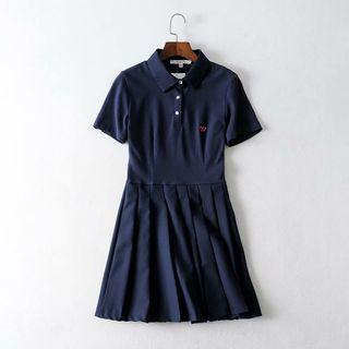 Short-sleeve Collar Pleated Mini A-line Dress