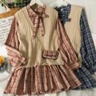 Set: Knit Vest + Ribbon-neckline Plaid Mini Dress In 5 Colors