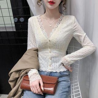 Long Sleeve V-neck Eyelet Lace Cropped Blouse
