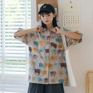 Cartoon Elephant Print Short-sleeve Shirt