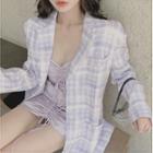 Strapless Drawstring Bodycon Dress / Plaid Blazer