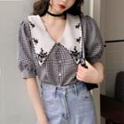 Embroidered Collar Gingham Puff-sleeve Blouse