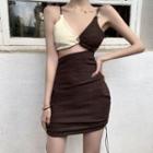 Spaghetti-strap V-neck Color Block Cut-out Drawstring Dress