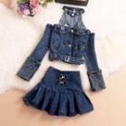Set: Cold-shoulder Belted Chained Denim Top + A-line Skirt