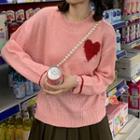 Round Neck Plain Heart Print Loose Fit Sweater Sweater - Pink - One Size