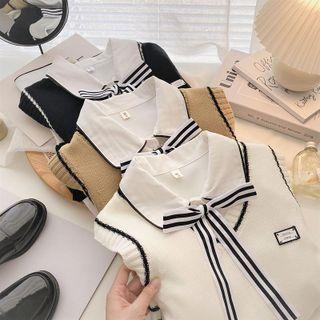 Set: Long-sleeve Plain Shirt + Two-tone Knit Vest