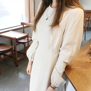 Round-neck Tie-back Long Dress Beige - One Size
