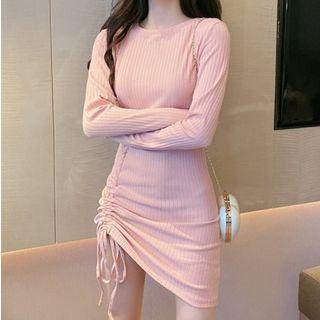 Long-sleeve Ruched Plain Knit Dress