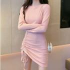 Long-sleeve Ruched Plain Knit Dress