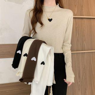 Long-sleeve Mock-neck Heart Embroidered Knit Top