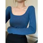Long-sleeve Plain Slim-fit Top / Side Slit Skirt
