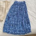 Floral Print Midi A-line Chiffon Skirt Blue - One Size