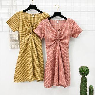 Drawstring Plaid A-line Dress