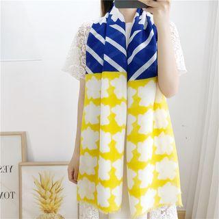 Printed Scarf White & Navy Blue Yellow - One Size