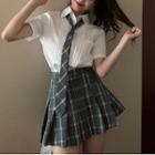 Short-sleeve Shirt / Plaid Tie / A-line Mini Skirt / Set