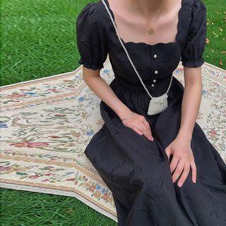 Puff-sleeve Square-neck Embroidered Printed Dress
