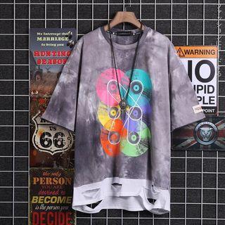 Short-sleeve Disc Print Ripped T-shirt