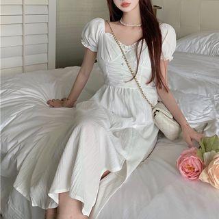 Puff-sleeve Open-back A-line Dress White - One Size