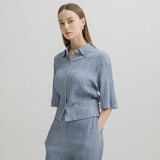 Elbow-sleeve Crinkled Cropped Blouse Blue - One Size