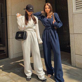 Wrap-front Wide-leg Monotone Jumpsuit