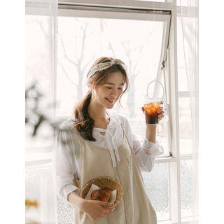 Tie-neck Laced-collar Top White - One Size