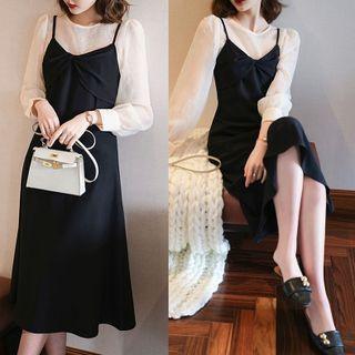 Set: Long Sleeve Plain Blouse + Spaghetti Strap Plain Dress