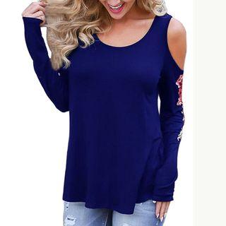 Embroidered Long-sleeve Cold Shoulder T-shirt