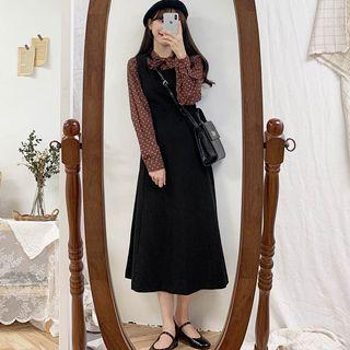 Dotted Blouse / A-line Midi Pinafore Dress