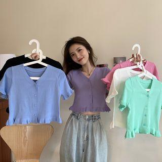 Ruffled Short-sleeve Cropped Cardigan